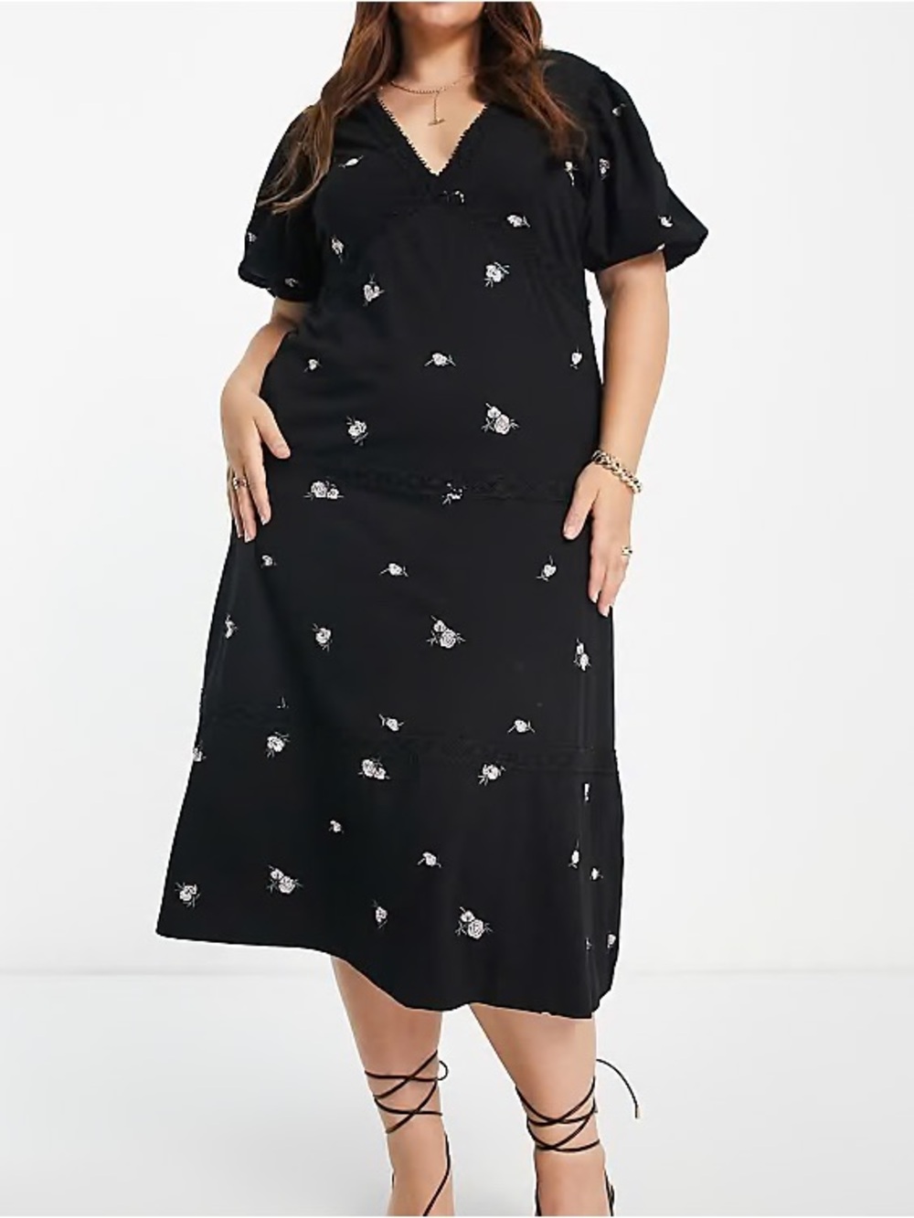 ASOS Curve Black Floral Midi Dress with V-Neck